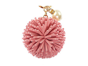 Colorful Faux Leather Pom Pom Handbag Accessory Key Chain w/ Pearl Charm