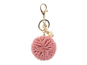 Colorful Faux Leather Pom Pom Handbag Accessory Key Chain w/ Pearl Charm