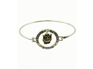 Rhodium Tone Message Metal Owl Charm Bangle Bracelet