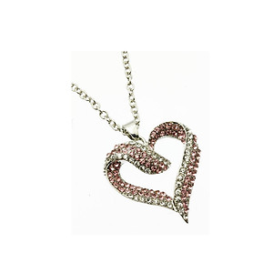 Pink Crystal Stone Pave Heart Necklace in Silvertone