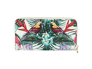 Tropical Birds Vinyl Printed Zip Around Clutch Wallet