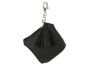 Black Faux Leather Zip Closure Tassel Coin Pouch Keychain