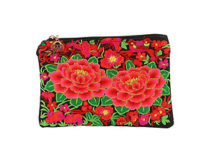 Small Flower Embroidery Fabric Makeup Pouch w/ Zipper Closure & Wrist Strap