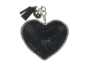 Black Heart Tassel Bling Faux Suede Stuffed Pillow Key Chain Handbag Charm