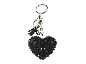 Black Heart Tassel Bling Faux Suede Stuffed Pillow Key Chain Handbag Charm
