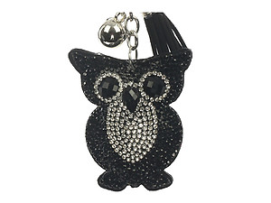 Black Owl Tassel Bling Faux Suede Stuffed Pillow Key Chain Handbag Charm