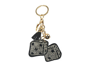 Black Dice Tassel Bling Faux Suede Stuffed Pillow Key Chain Handbag Charm