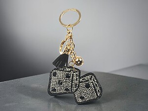 Black Dice Tassel Bling Faux Suede Stuffed Pillow Key Chain Handbag Charm