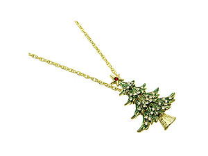 Crystal Stone Christmas Tree Necklace in Goldtone