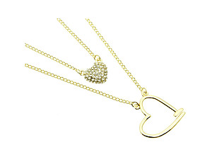 Crystal Stone Paved Double Stranded Clear Heart Necklace