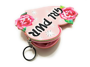 Girl Power Rose Faux Leather Zip Closure Coin Pouch Keychain