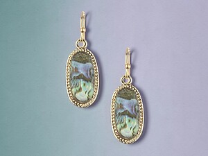 Natural Stone Pattern Oval Faceted Lucite Stone Metal Frame Fish Hook Earrings