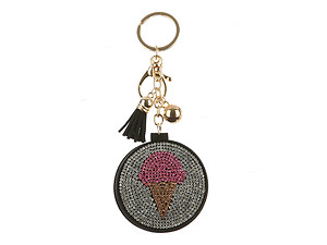 Ice Cream Cone Mirror Tassel Bling Faux Suede Round Keychain Handbag Charm