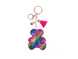 Rainbow Bear Tassel Bling Faux Suede Stuffed Pillow Key Chain Handbag Charm