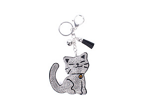 Smiling Cat Tassel Bling Faux Suede Stuffed Pillow Key Chain Handbag Charm