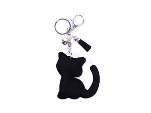 Smiling Cat Tassel Bling Faux Suede Stuffed Pillow Key Chain Handbag Charm