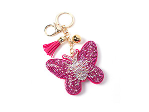 Crystal Butterfly Tassel Bling Faux Suede Stuffed Pillow Key Chain Handbag Charm