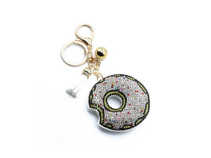 White Sprinkled Donut Tassel Bling Faux Suede Stuffed Pillow Key Chain Handbag Charm