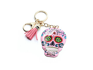 Pink Metal Sugar Skull Tassel Key Chain Handbag Charm