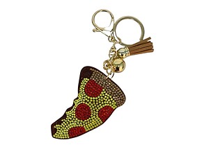 Pepperoni Pizza Tassel Bling Faux Suede Stuffed Pillow Key Chain Handbag Charm