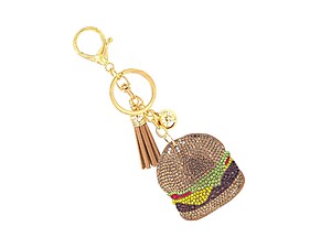 Cheese Burger Tassel Bling Faux Suede Stuffed Pillow Key Chain Handbag Charm