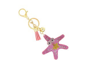 Pink Starfish Tassel Bling Faux Suede Stuffed Pillow Key Chain Handbag Charm