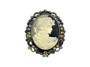 Silver Burnished Crystal Accent Victorian Studded Cameo Brooch Pendant