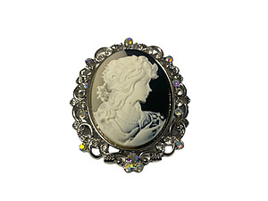 Rhodium Crystal Accent Victorian Studded Cameo Brooch Pendant