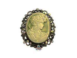 Olive Green Crystal Accent Victorian Studded Cameo Brooch Pendant
