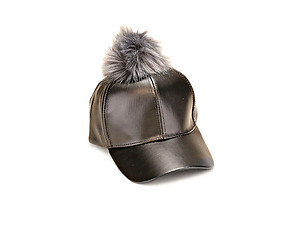 Black & Grey Faux Leather Pom Pom Baseball Hat Cap w/ Snapback Closure