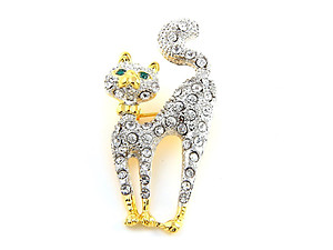 Goldtone & Clear Rhinestone Studded Cat Brooch