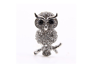 Silvertone & Clear Rhinestone Owl Pin Brooch