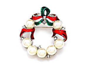 Christmas Pearl Enamel Wreath Brooch