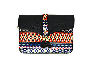 Black Aztec Pattern Double Tassel Drop Clutch Bag with Metal Chain Strap
