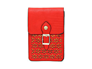 Red Laser Cut Out Mini Pocket Crossbody Cell Phone Pouch Bag with Strap