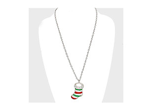 Crystal Pave Enamel Stripe Christmas Sock Pendant Necklace
