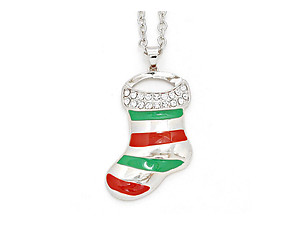 Crystal Pave Enamel Stripe Christmas Sock Pendant Necklace