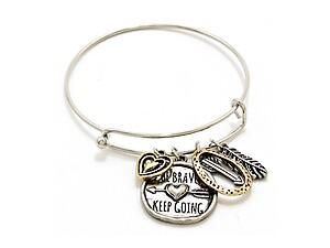 Silvertone Be Brave Keep Going Charm Metal Wire Bangle Bracelet