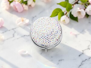 Aurora Borealis Bling Round Mirror Compact Pill Organizer Case