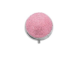 Light Pink Bling Round Mirror Compact Pill Organizer Case