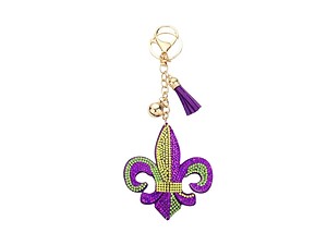 Mardi Gras Fleur De Lis Tassel Bling Faux Suede Stuffed Pillow Key Chain Handbag Charm
