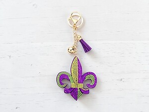 Mardi Gras Fleur De Lis Tassel Bling Faux Suede Stuffed Pillow Key Chain Handbag Charm