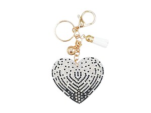 Black & White Heart Tassel Bling Faux Suede Stuffed Pillow Key Chain Handbag Charm
