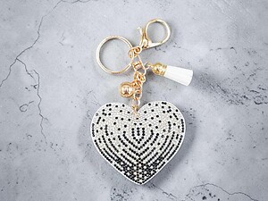 Black & White Heart Tassel Bling Faux Suede Stuffed Pillow Key Chain Handbag Charm
