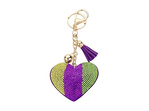 Mardi Gras Heart Tassel Bling Faux Suede Stuffed Pillow Key Chain Handbag Charm