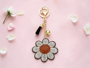 Bling Daisy Flower Tassel Bling Faux Suede Stuffed Pillow Key Chain Handbag Charm