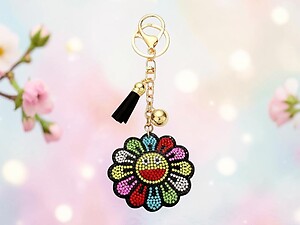 Bling Smile Flower Tassel Bling Faux Suede Stuffed Pillow Key Chain Handbag Charm