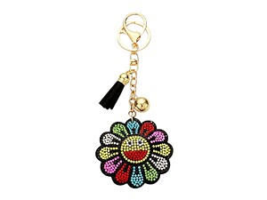 Bling Smile Flower Tassel Bling Faux Suede Stuffed Pillow Key Chain Handbag Charm