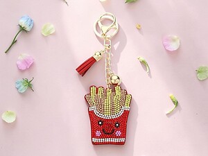 French Fries Tassel Bling Faux Suede Stuffed Pillow Key Chain Handbag Charm