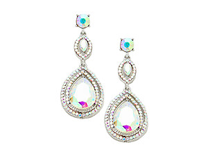 Aurora Borealis & Silvertone Glass Crystal Teardrop Evening Earrings